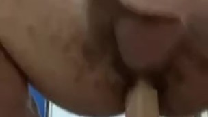 Riding my big dildo in my hairy ass until I EXPLODE with cum!