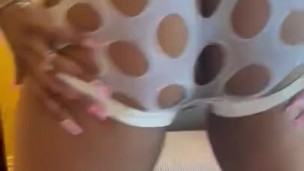 Solo Jamaican Ebony Finger Fucks Self masturbation Through Thong Two Finger Special Tattoo Pussy 