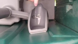 Peeing in a port-a-potty urinal, pissing with a small penis