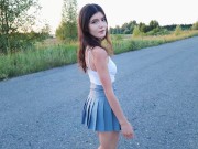 A romantic evening walk in nature ended with sex in clothes in a beautiful meadow next to the road 1/16