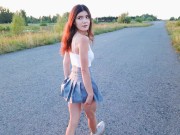 A romantic evening walk in nature ended with sex in clothes in a beautiful meadow next to the road 2/16