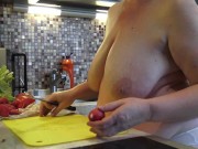 Housewife with big saggy tits crumbles salad in the kitchen. 2/16