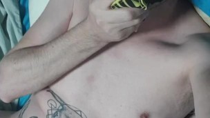 Tattooed guy sniffing cummy boxers