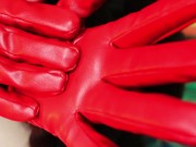 FUR and long red leather gloves ASMR video close up