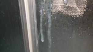 White dick masturbation and cum on wall