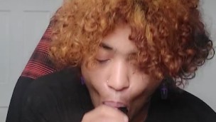 Femboi sucking fat black dildo !! 