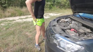 Car trouble makes twink get naked and covered in oil, sweat and cum