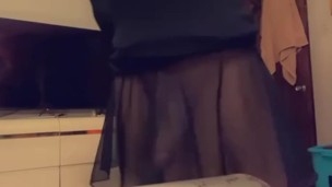 Femboy strokes huge cock in dress