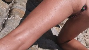 Naturist Wife PEE and masturbate on a Wild NUDIST BEACH # Wear Butt Plug only