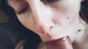 POV blowjob tries big cock her little mouth