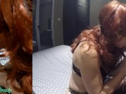 Redhead MILF in sexy lingerie and stockings gives a blowjob and takes a big cumshot on her big tits 6/16