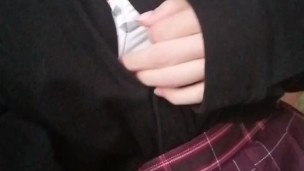 Asian Amateur walks street and shows her tits in public in uniform after school flash tits