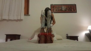 I bound my wife on the bed on pantyhose and high heels, throated and fucked with no mercy