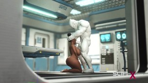 A sexy young busty ebony has hard anal sex with sex robot in the medbay