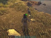 girl alone in the woods wanting to get the loot and holding the pickaxe 10/16