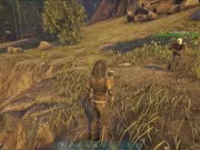 girl alone in the woods wanting to get the loot and holding the pickaxe 15/16