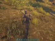 girl alone in the woods wanting to get the loot and holding the pickaxe 3/16