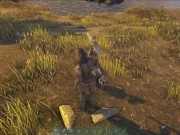 girl alone in the woods wanting to get the loot and holding the pickaxe 4/16