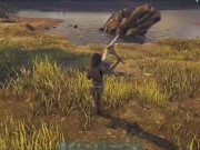 girl alone in the woods wanting to get the loot and holding the pickaxe 5/16