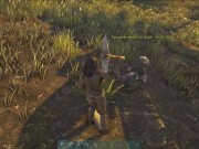 girl alone in the woods wanting to get the loot and holding the pickaxe 6/16