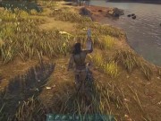 girl alone in the woods wanting to get the loot and holding the pickaxe 8/16