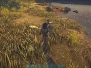 girl alone in the woods wanting to get the loot and holding the pickaxe 9/16