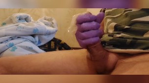 Teen boy masturbation in rubber glove, edging, huge load of cum in condom