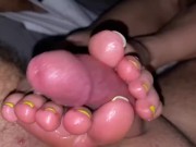 POV oily Footjob! Making him ooze precum and a prolonged orgasm with 2 cumshots 😈💦👣 4/16