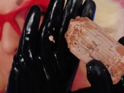 Mukbang ASMR: Eating Chewing Chocolate Car - Latex blonde close up video mouth fetish