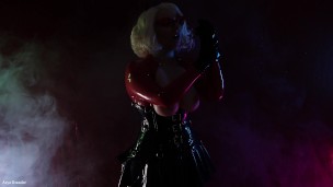 sexy LATEX rubber MILF in glasses with blonde hair seduce you in smoke