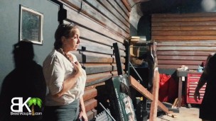 The Nosey Neighbor gets tied up, gags on cock and gets DOUBLE STUFFED in dungeon!