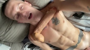 The guy jumps on huge rubber members with relish while his parents are not at home