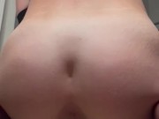  Cute brunette teen in nylons teasing pussy with HUGE bbc dildo 10/16