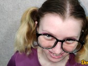 cutie with glasses gives a blowjob to get a lot of cum on her face and clothes 1/16