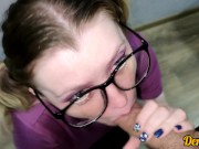 cutie with glasses gives a blowjob to get a lot of cum on her face and clothes 2/16