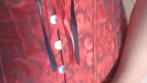 Crossdresser solo cum with red corsette 