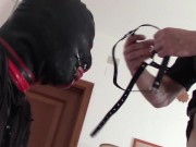 I put my wife on her knees, hooded and gagged. Cummed on her mouth with a huge load of cum
