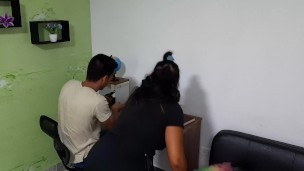 My stepmom sucks my dick when she's cleaning the studio