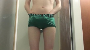 Twink Pisses His Green Calvin Klein Boxer Briefs