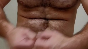 THICC muscle bear flexing in white towel before shower!