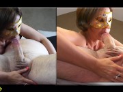 Masked MILF sucks hubby's cock massaging his balls and swallows cum double bottom view 16/16