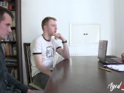 Preliminary interview with the secretary, the guys strip in front of her and show her well built body. 4/16