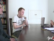 Preliminary interview with the secretary, the guys strip in front of her and show her well built body. 5/16