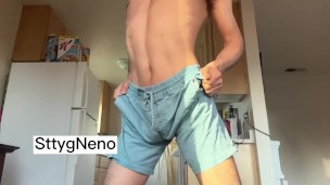 Hot twink having a good time in the kitchen with a huge hairy cock