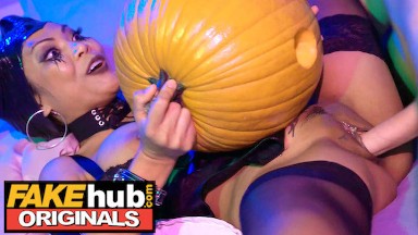 Fakehub Originals - College teen fucks a pumpkin at Halloween house party before getting lucky with hot Thai girl in cosplay