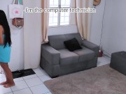 My towel fell in front of the computer technician 1/16