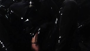 Latex Slave masturbates in full gear and cums on latex toe socks