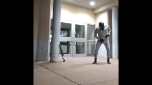 bastard wetsuit commando shoots massive load into wetsuit in front of doors
