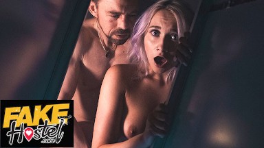 Fake Hostel Halloween - Sweet College girl on long journey gets super horny before pleasuring herself with huge cock