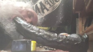 Practicing solo producing extreme dildo